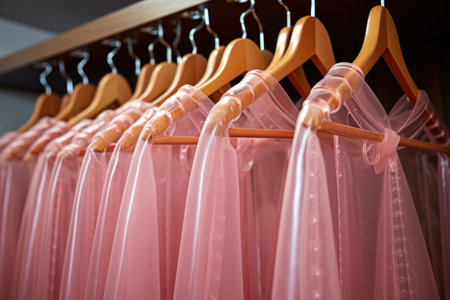 Pink clothes hang on hangers in the closetの素材