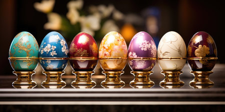 Colorful Easter eggs with shiny mother-of-pearl shells, laid out in a boxの素材