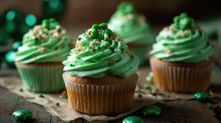 Cupcakes with green cream and filling and a shamrock on top with a place for textの素材