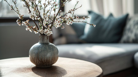 Close-up of a ceramic vase with flowers on a round coffee table against the background of a sofa and a windowの素材