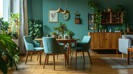 Mint-colored chairs at a round wooden dining table in a room with a closet against a green wall. Scandinavian home interior designの素材