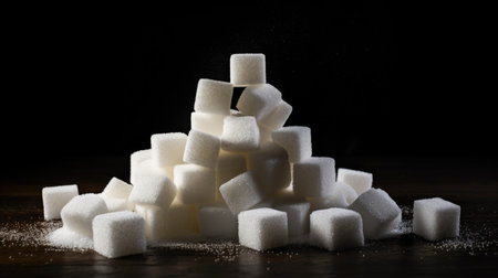 A stack of sugar cubes on a black background, white cane sugar refinedの素材