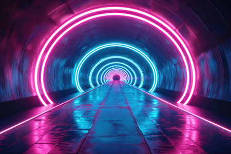 3d rendering. Abstract background of a circular tunnel made of blue-pink neon stripes and ascending ribbonsの素材
