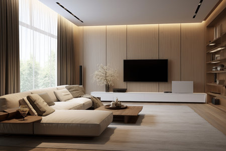 Scandinavian-style living room interior with beige sofa and TV on the wallの素材