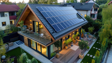 New suburban house with a photovoltaic system on the roofの素材