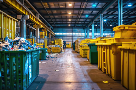 Recycling of garbage. A warehouse with yellow plastic boxes and trash cans for sorting garbageの素材
