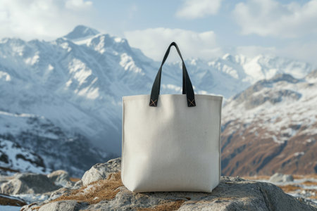 A mock-up of a large white cloth bag against the background of snow-capped mountainsの素材
