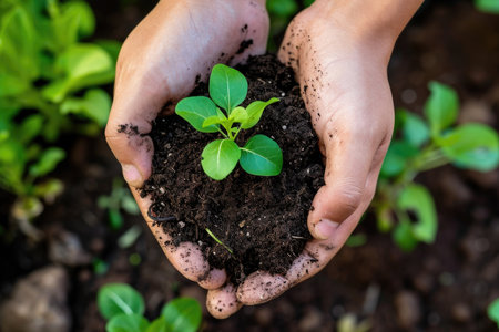 Hands holding a nutrient-rich compact coil with a young sproutの素材