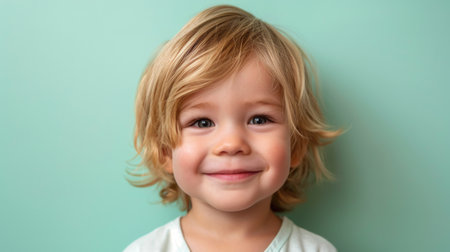 Portrait of a little boy with blond hair with a smile on his face, highlighted on a flat mint backgroundの素材
