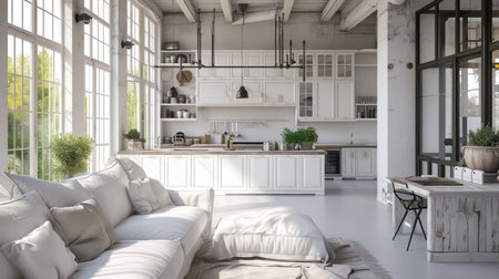 Luxurious white kitchen and living room in a big houseの素材