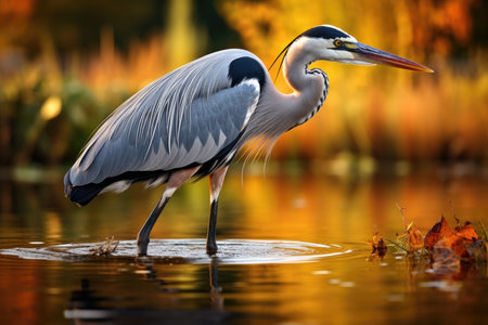 Gray heron hunts for fish in the lake in the eveningの素材