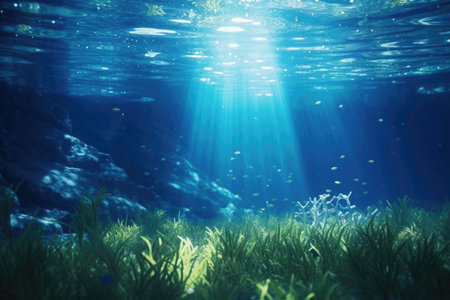 Underwater world with rays of light penetrating through water, algaeの素材