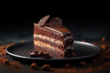 A piece of luxurious layered chocolate cake on a black plateの素材