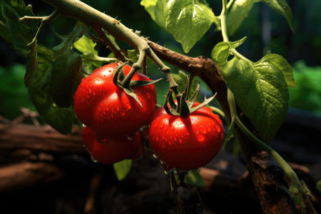 Ripe red tomato on a branch in the greenhouseの素材