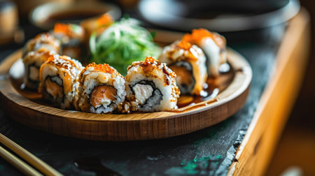 Sushi and fried garlic shrimps, prawn on a stone plateの素材
