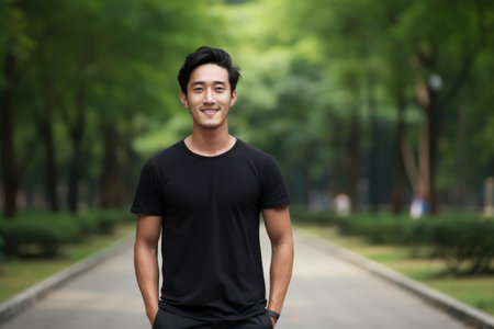 An Asian man in a black T-shirt stands in a parkの素材