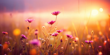 A beautiful meadow with wildflowers on the background of the sunset sky. Wild grass and flowers. Sunny summer or autumn nature backgroundの素材