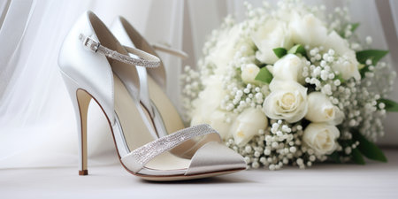 The bride's high-heeled shoes are on the table near the wedding bouquetの素材