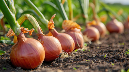 Onions with green feathers are lying on the groundの素材
