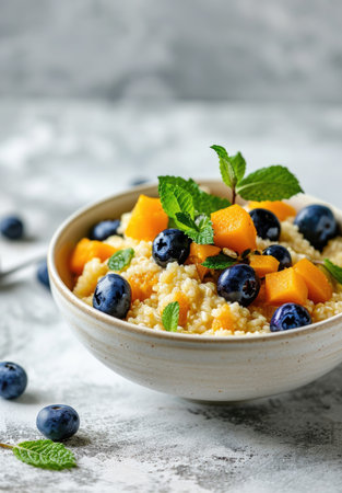 Millet porridge with blueberries, pumpkin and mango in a bowlの素材