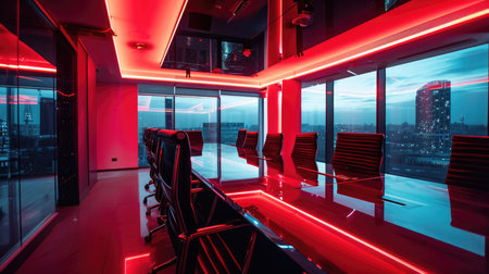 A conference table with red neon lighting in the officeの素材