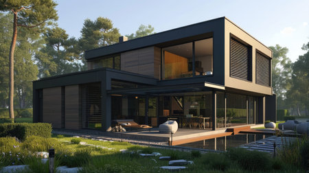 Modern two-storey house with a flat lawn in the yardの素材