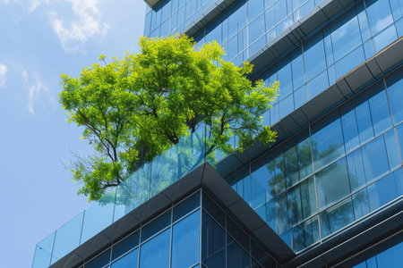An eco-friendly building in a modern city. Office building made of environmentally friendly glass to reduce carbon dioxideの素材