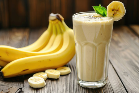 Healthy banana smoothie milkshake in glass with bananas on tableの素材