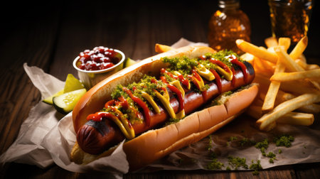 Tasty grilled hot dogs on a worn picnic tableの素材