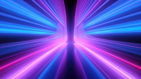 3d rendering. Abstract tunnel background made of blue - pink neon stripes and ascending ribbons. Modern wallpaperの素材