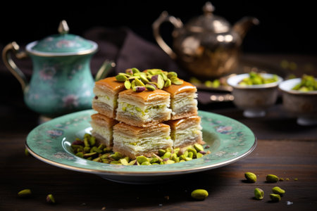 Turkish traditional baklava on a modern white tableの素材