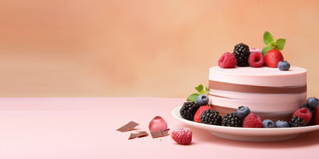 Mousse cake with stripes and berries isolated pastel background Copy spaceの素材