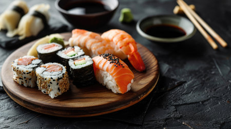 Serving sushi and maki with red fish and soy sauce on a wooden plateの素材