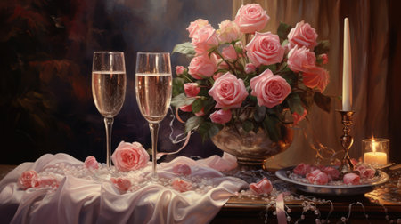 Romantic ambience with roses champagne and heartsの素材