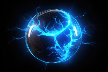 Blue glowing energy ball on black backgroundの素材