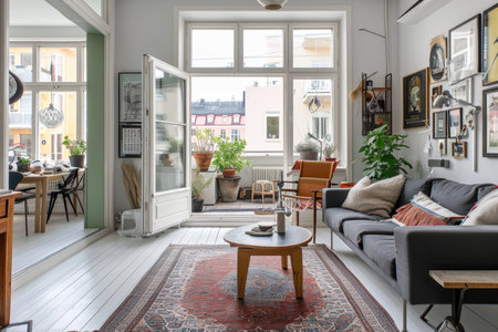 Scandinavian living room with sofa and kitchen, functional large living roomの素材
