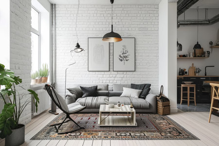Scandinavian living room with sofa and kitchen, functional large living roomの素材