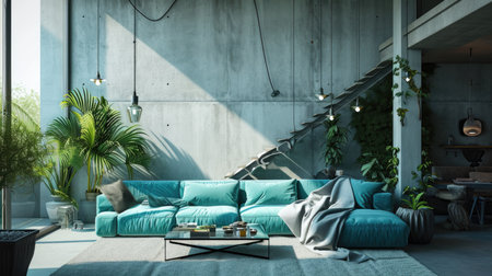 Loft-style interior with concrete, turquoise upholstered sofa and natural lightingの素材