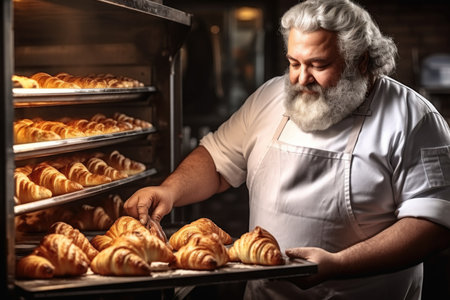 Baker with croissants. Oven - baked croissants on a baking metal trayの素材