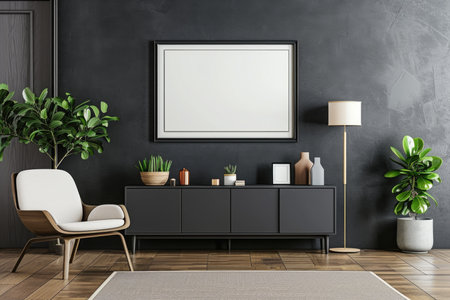 Modern dark interior of the living room with sideboard and decoration, mock-up frameの素材