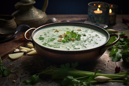 Traditional Indian dish Raita made with dahi (yogurt) spinach and spices close upの素材