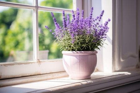 Lavender flowers on the window in a potの素材