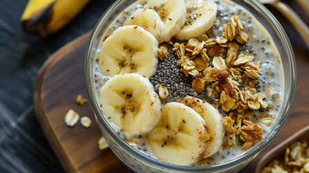 Chia pudding with banana, granola and cinnamon, healthy breakfast and dinnerの素材