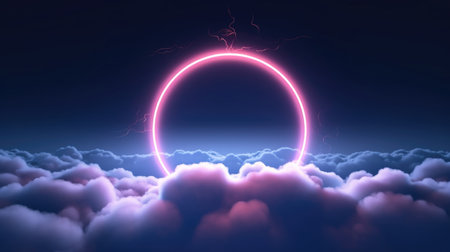 3d render, abstract cloud illuminated with neon light ring on dark night sky. Glowing geometric shape, round frameの素材