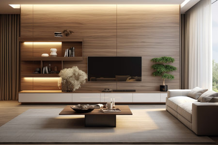 Scandinavian-style living room interior with beige sofa and TV on the wallの素材