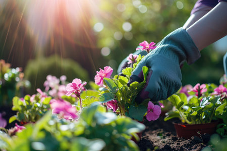 A gardener in gloves breaks up a garden, takes care of flowers, plants plantsの素材