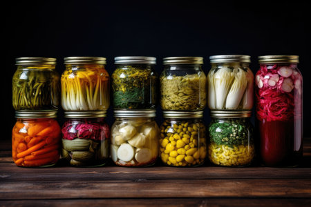 Autumnal farm-to-jar still life, arranged colorful vegetables in jars on a rustic wooden tableの素材