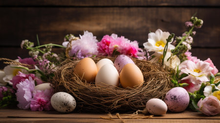A group of eggs lying on top of a bouquet of flowers in a basket. Easter background in rustic styleの素材