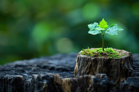 Young tree emerging from old tree stumpの素材