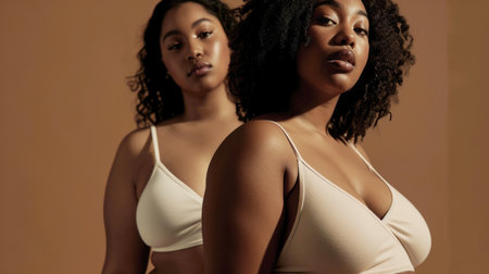 Body positive, a portrait of a woman in the studio in her underwear. The company of plus-size women in underwearの素材